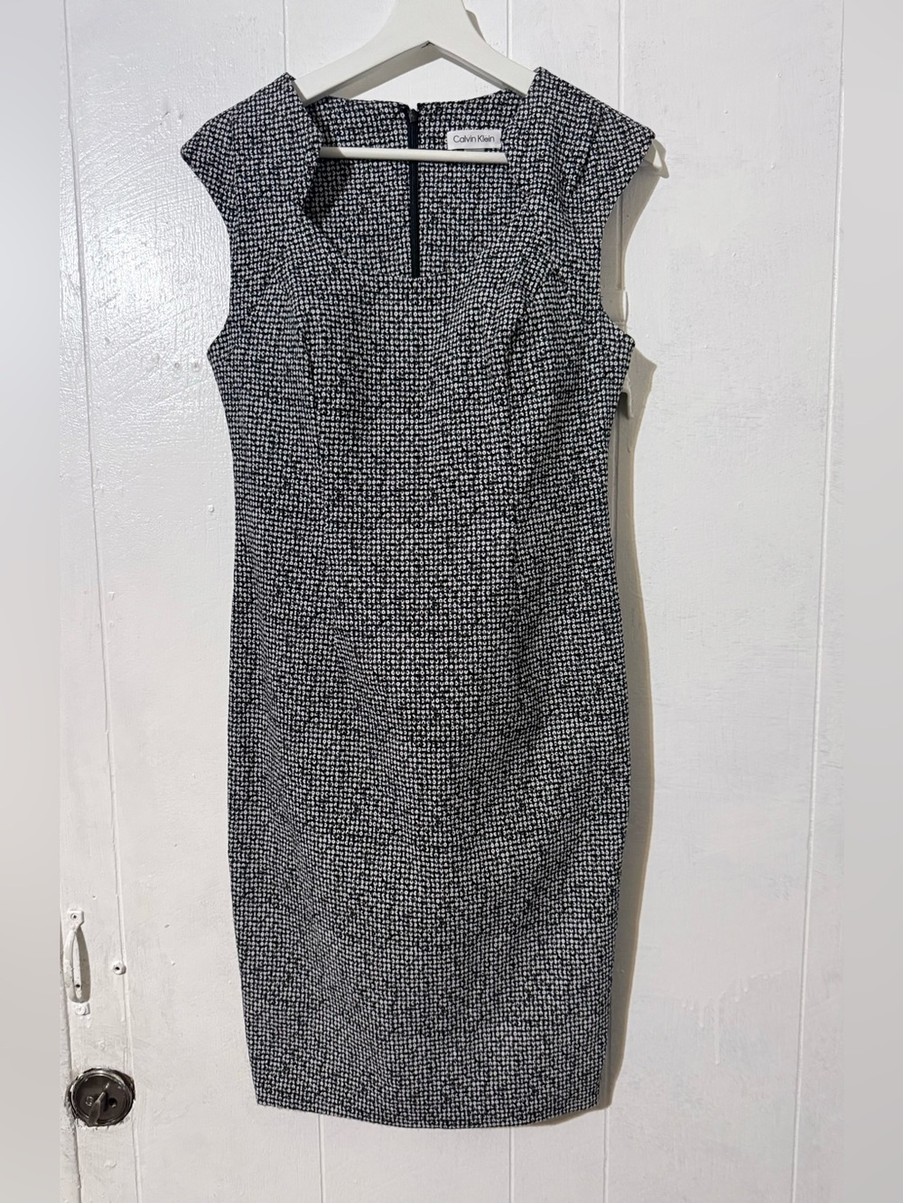 Calvin Klein Black & White Tweed Sheath Midi Dress